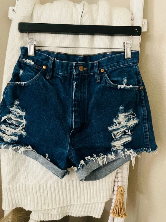 Wrangler Dark Blue High-Waist Distressed Denim Shorts - Picture 2 of 3